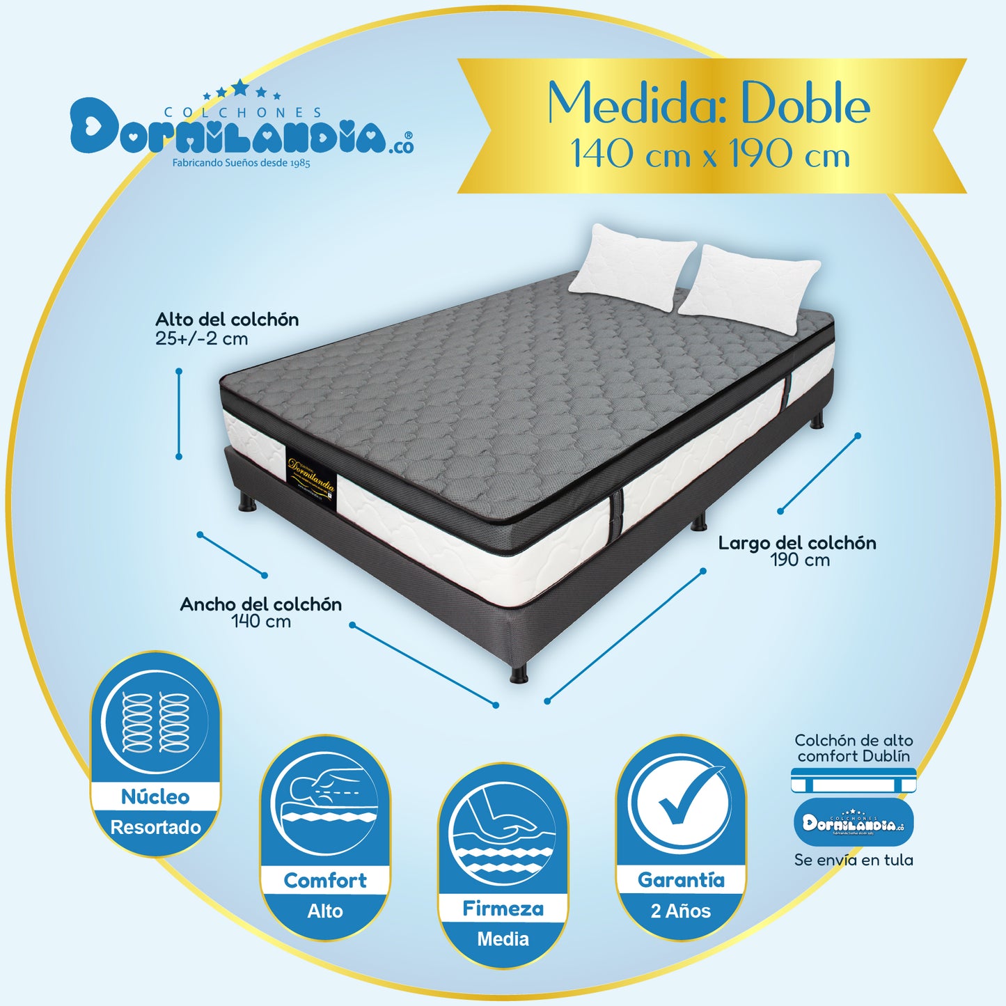 Combo Colchón Dublín Resortado Enrollado En Tula Confortable +Base Cama + Almohadas
