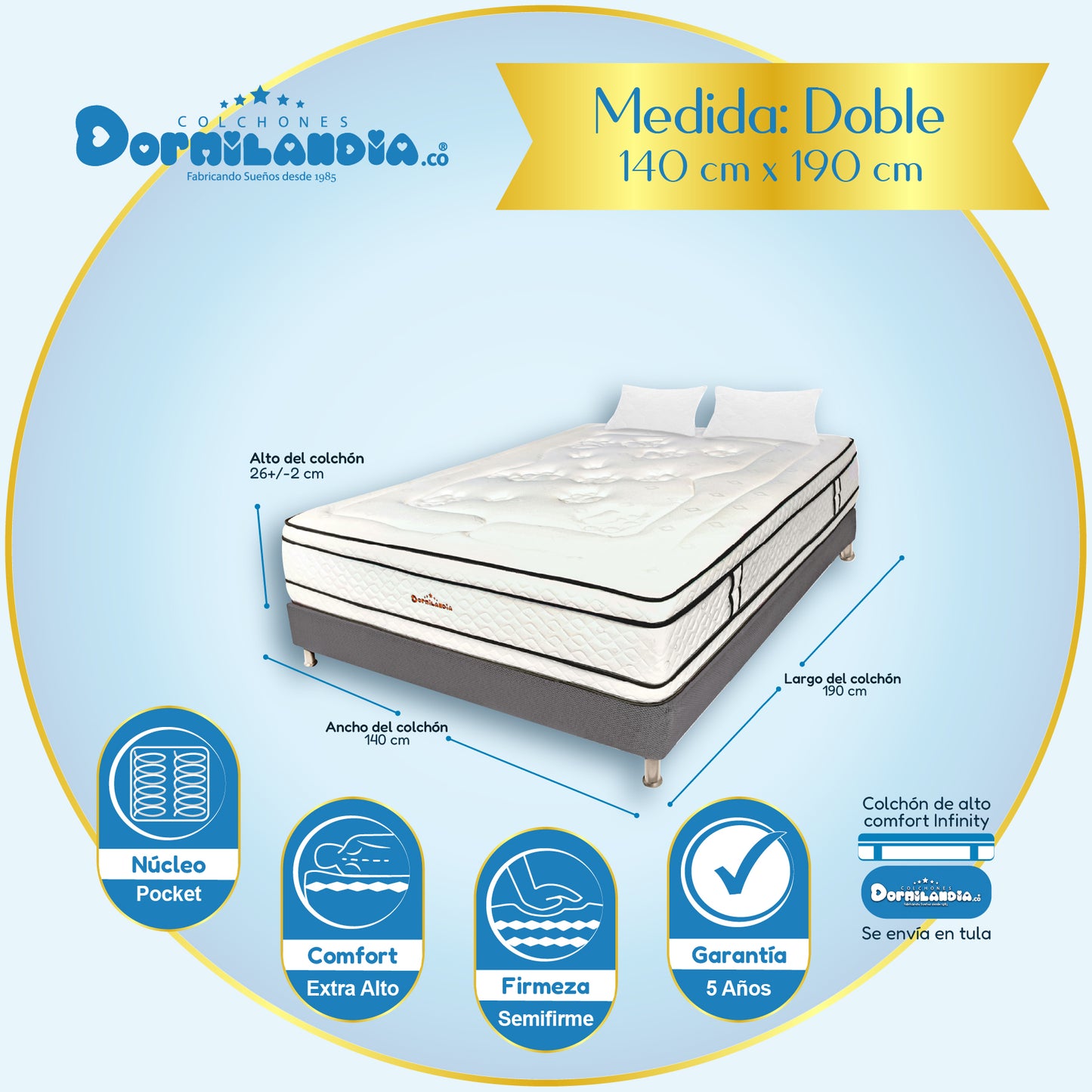 Combo Colchón Infinity Pocket Enrollado En Tula Confortable + Base Cama + Almohadas