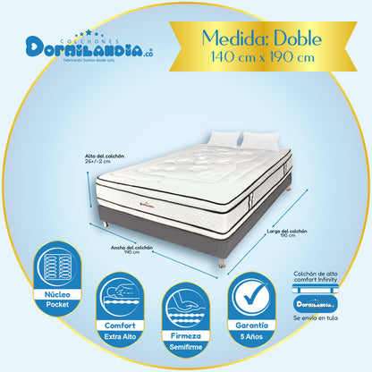 Combo Colchón Infinity Pocket Enrollado En Tula Confortable + Base Cama + Almohadas