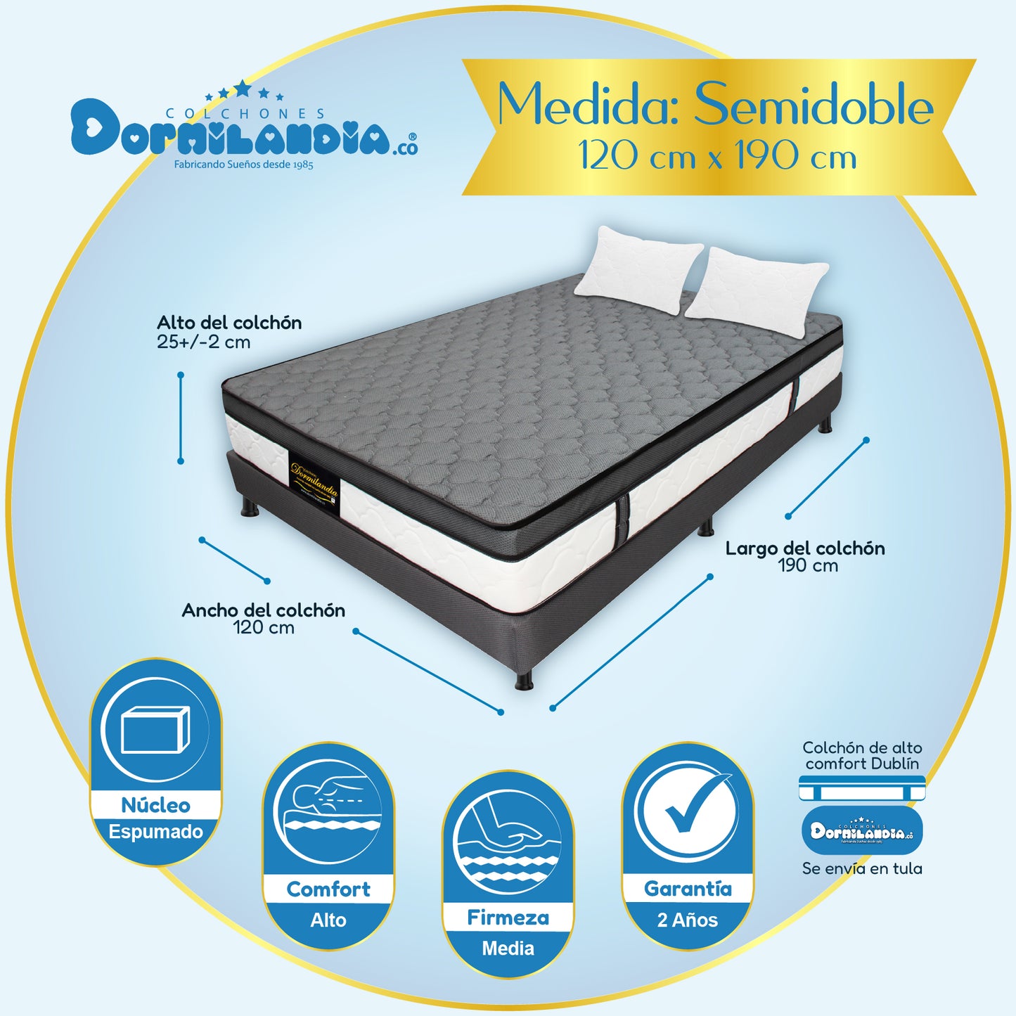 Combo Dublín Espumado Enrollado en Tula Confortable + Base cama + Almohada