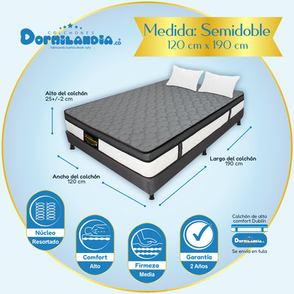 Combo Colchón Dublín Resortado Enrollado En Tula Confortable +Base Cama + Almohadas