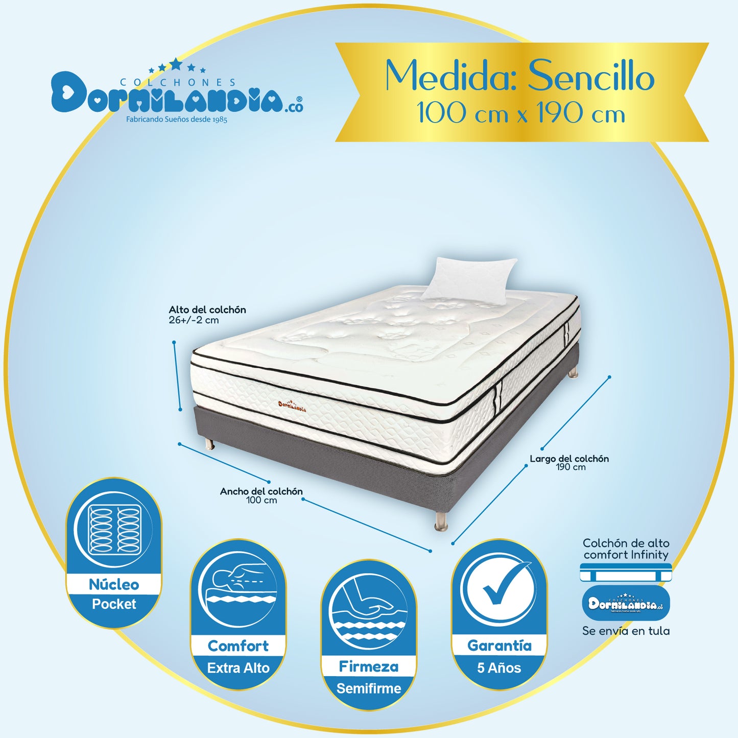 Combo Colchón Infinity Pocket Enrollado En Tula Confortable + Base Cama + Almohadas