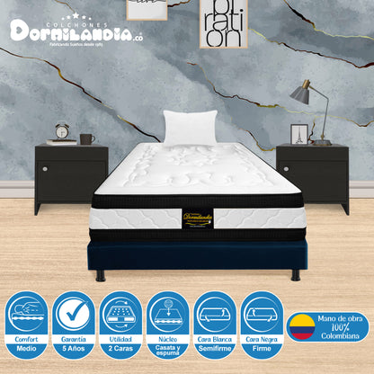 Combo Colchón Híbrido Espumado Doble Sensación + Base Cama + Almohadas