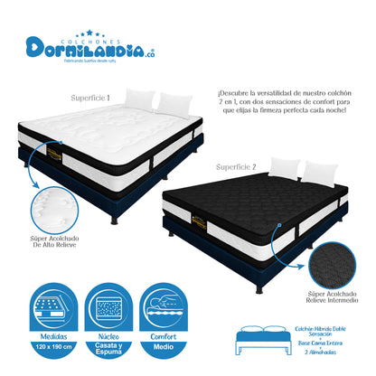 Combo Colchón Híbrido Espumado Doble Sensación + Base Cama + Almohadas