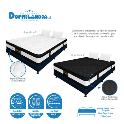 Combo Colchón Híbrido Resortado + Base Cama +Almohadas