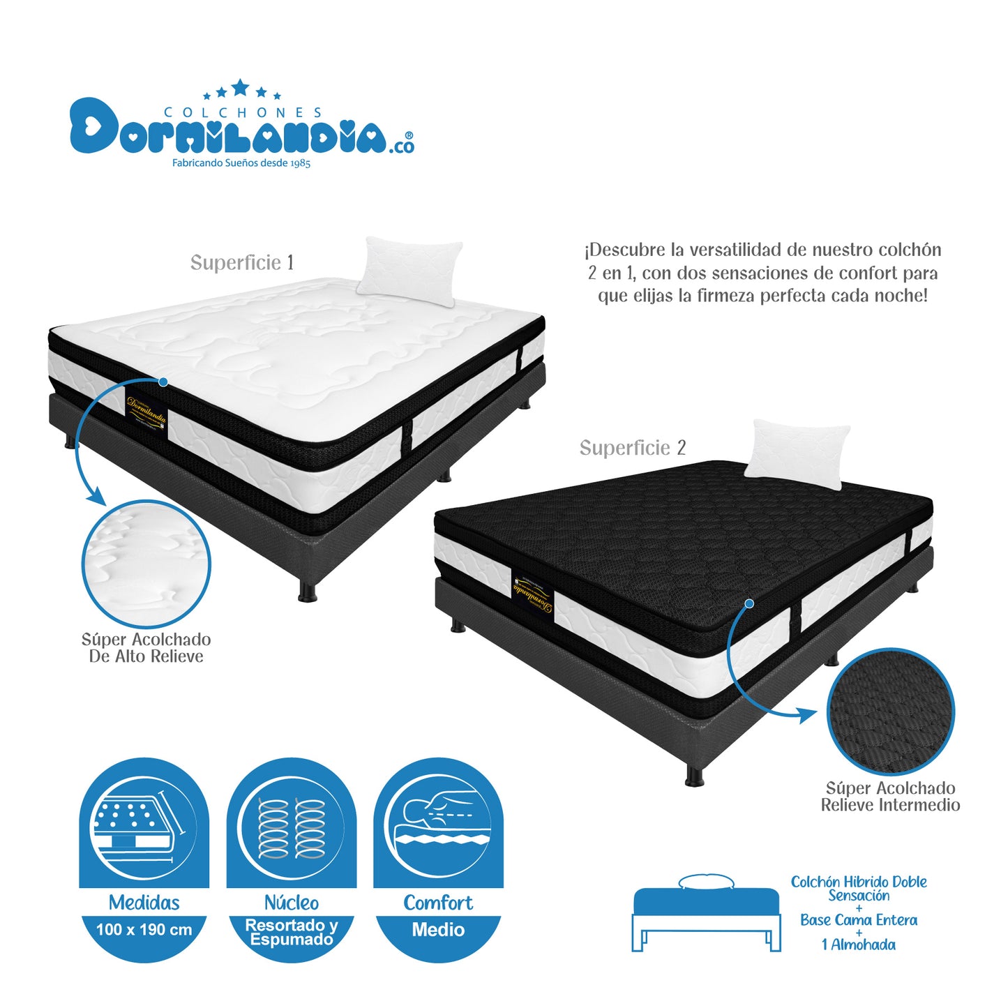 Combo Colchón Híbrido Resortado + Base Cama +Almohadas