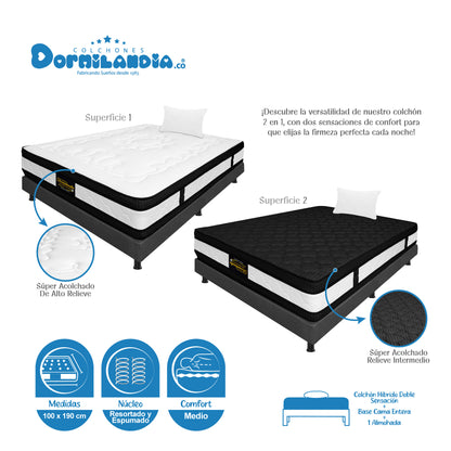 Combo Colchón Híbrido Resortado + Base Cama +Almohadas
