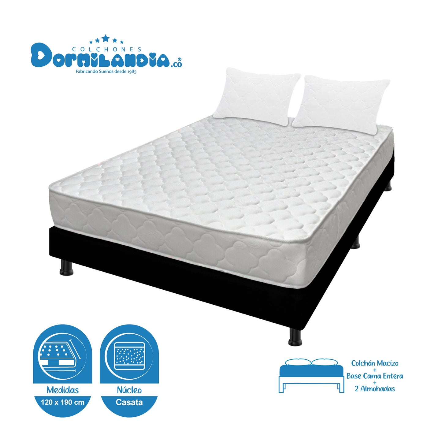 Combo Colchón Macizo Espumado + Base Cama + Almohadas