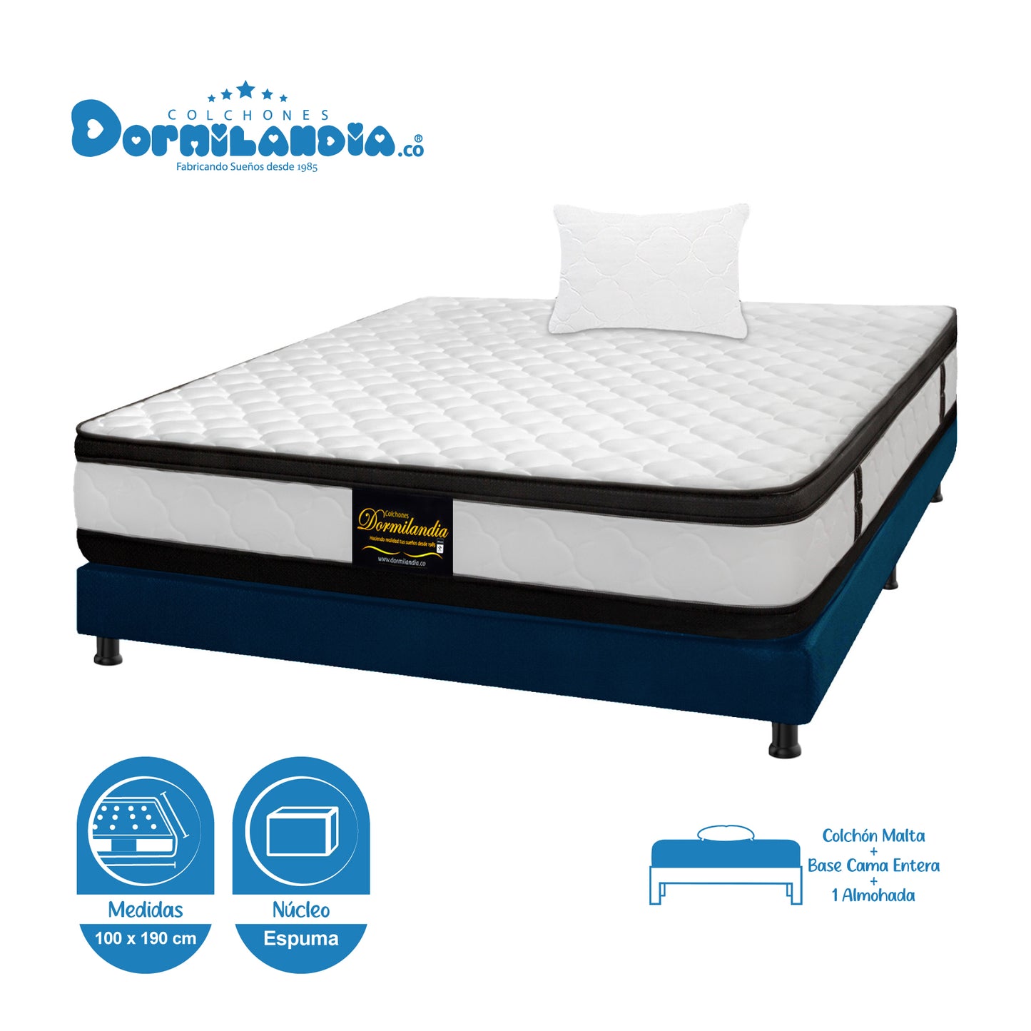Combo Colchón Malta Espumado + Base Cama + Almohadas
