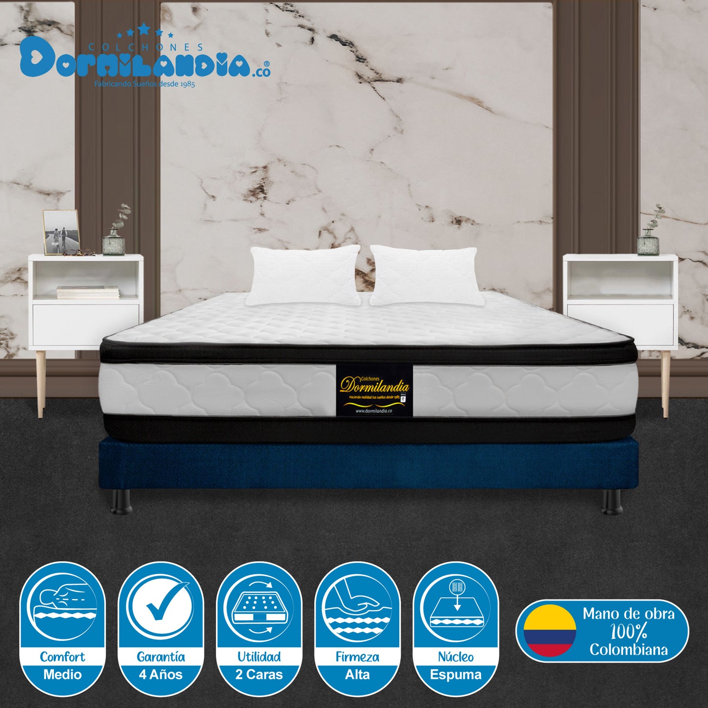 Combo Colchón Malta Espumado + Base Cama + Almohadas