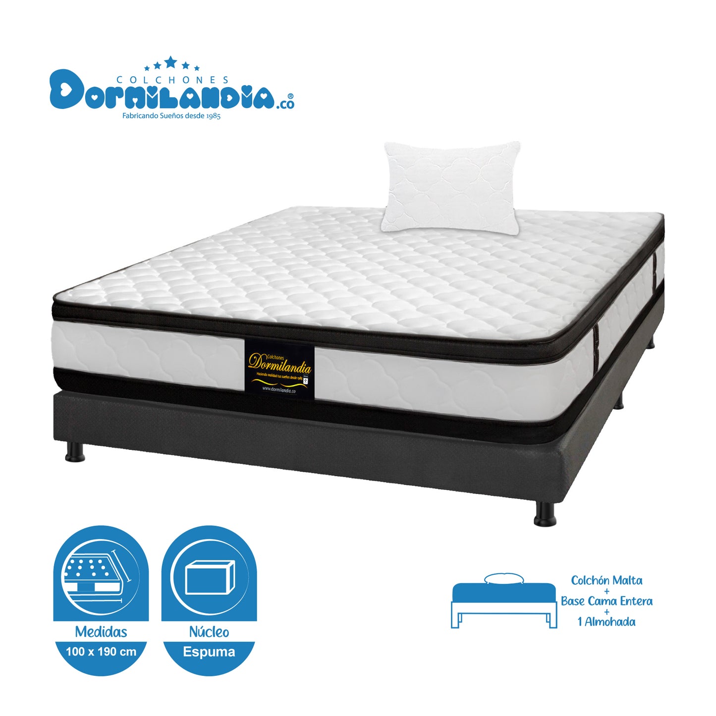 Combo Colchón Malta Espumado + Base Cama + Almohadas