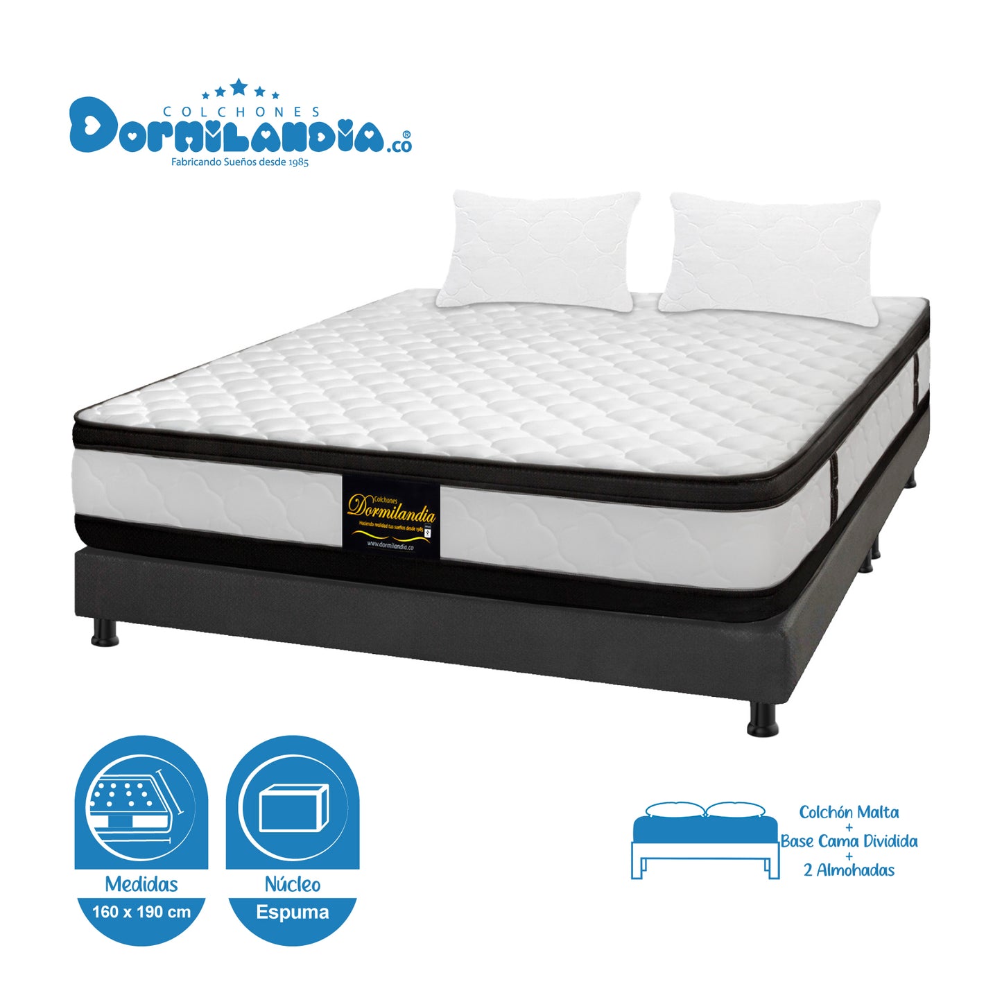 Combo Colchón Malta Espumado + Base Cama + Almohadas