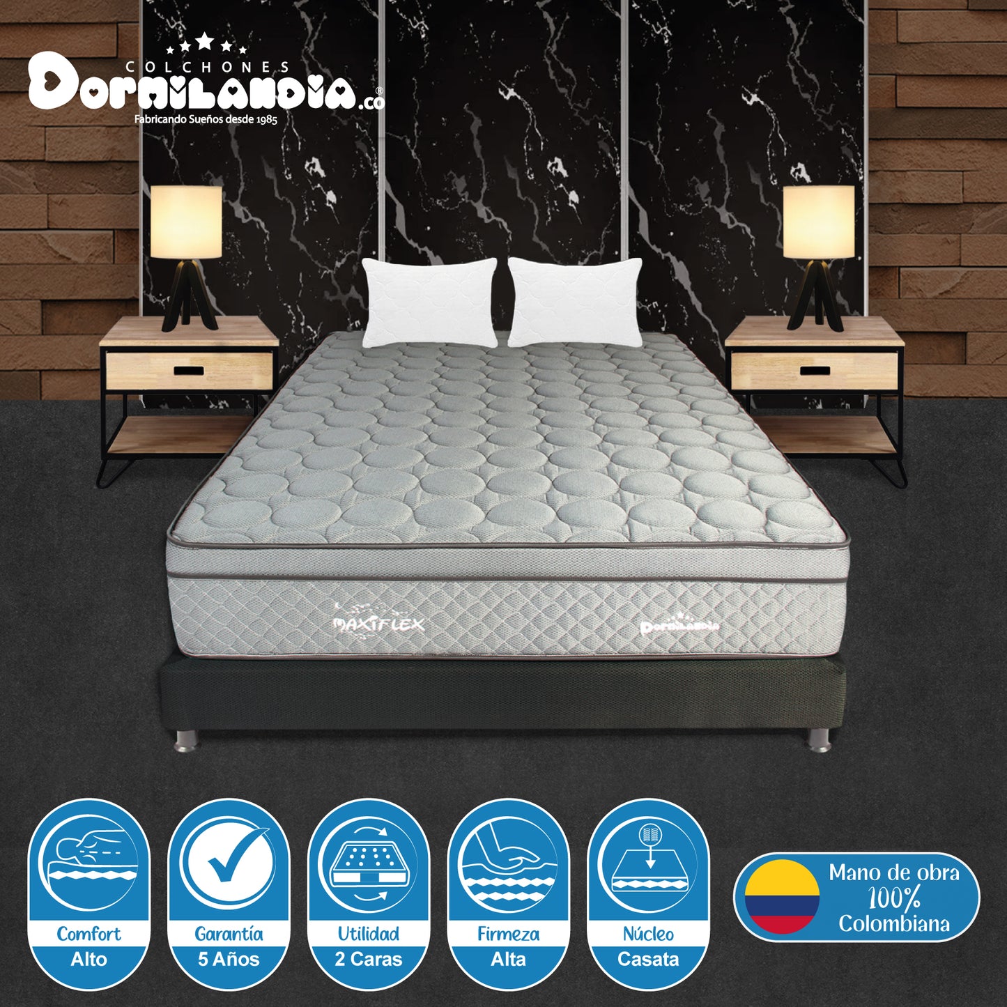 Combo Colchón King Maxiflex + Base Cama + Almohadas
