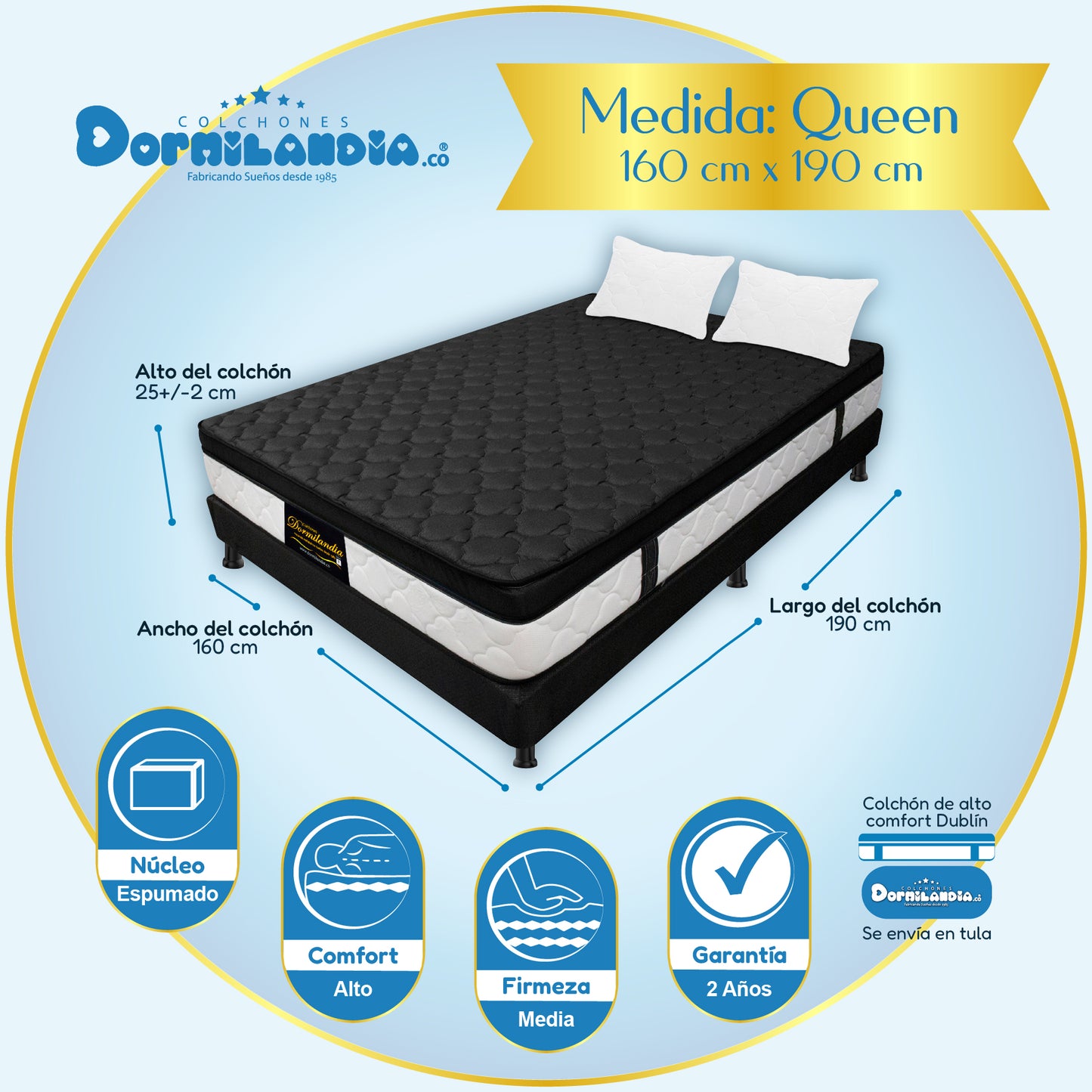 Combo Dublín Espumado Enrollado en Tula Confortable + Base cama + Almohada