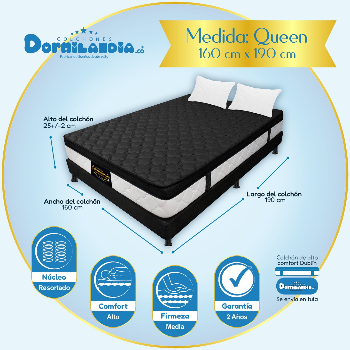 Combo Colchón Dublín Resortado Enrollado En Tula Confortable +Base Cama + Almohadas