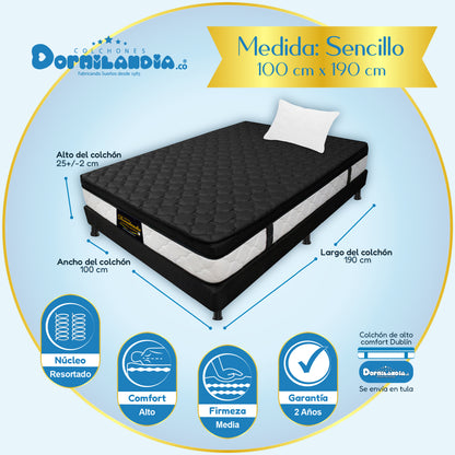 Combo Colchón Dublín Resortado Enrollado En Tula Confortable +Base Cama + Almohadas