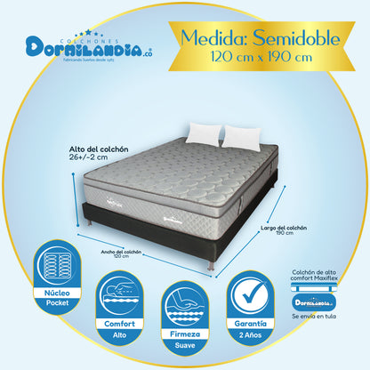 Combo Colchón Maxiflex Pocket Enrollado En Tula Confortable + Base Cama + Almohadas