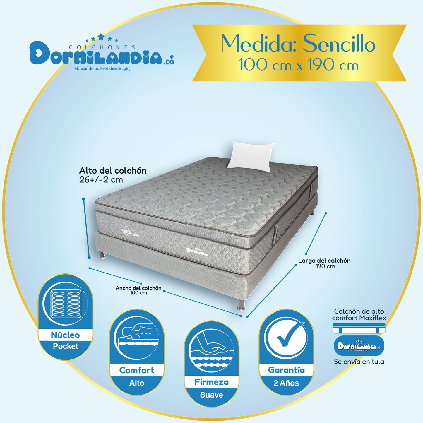 Combo Colchón Maxiflex Pocket Enrollado En Tula Confortable + Base Cama + Almohadas