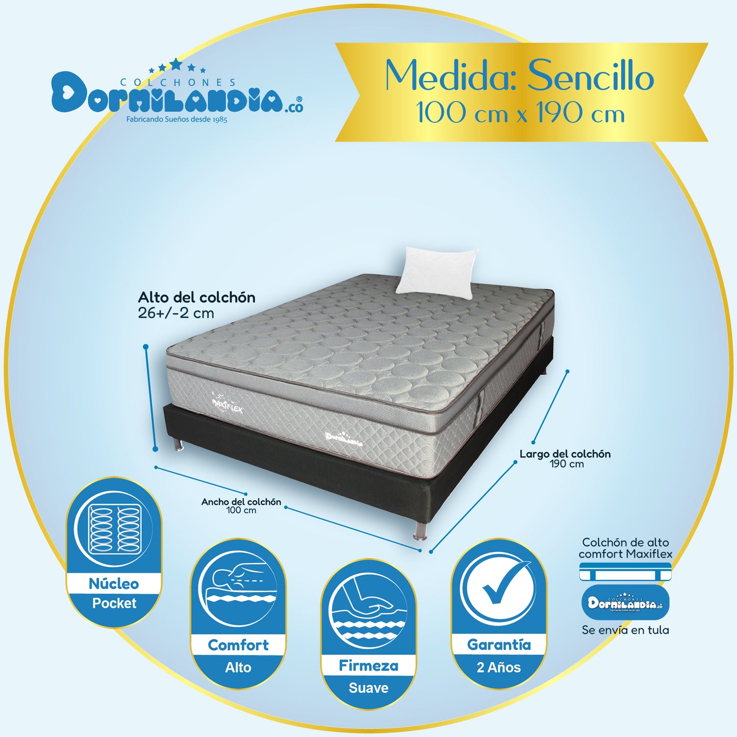 Combo Colchón Maxiflex Pocket Enrollado En Tula Confortable + Base Cama + Almohadas