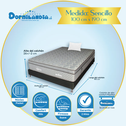Combo Colchón Maxiflex Pocket Enrollado En Tula Confortable + Base Cama + Almohadas