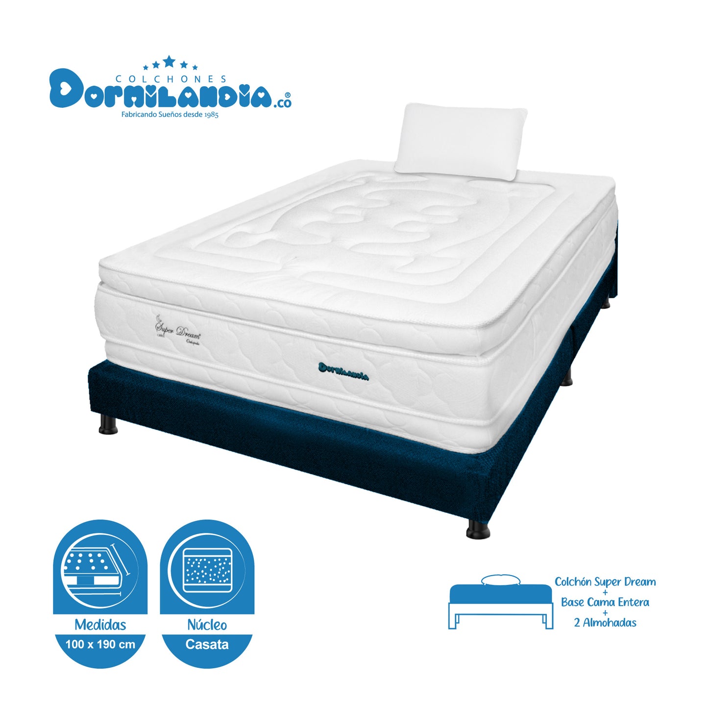 Combo Colchón Super Dream Plus Espumado + Base Cama + Almohadas