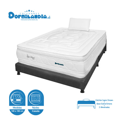 Combo Colchón Super Dream Plus Espumado + Base Cama + Almohadas