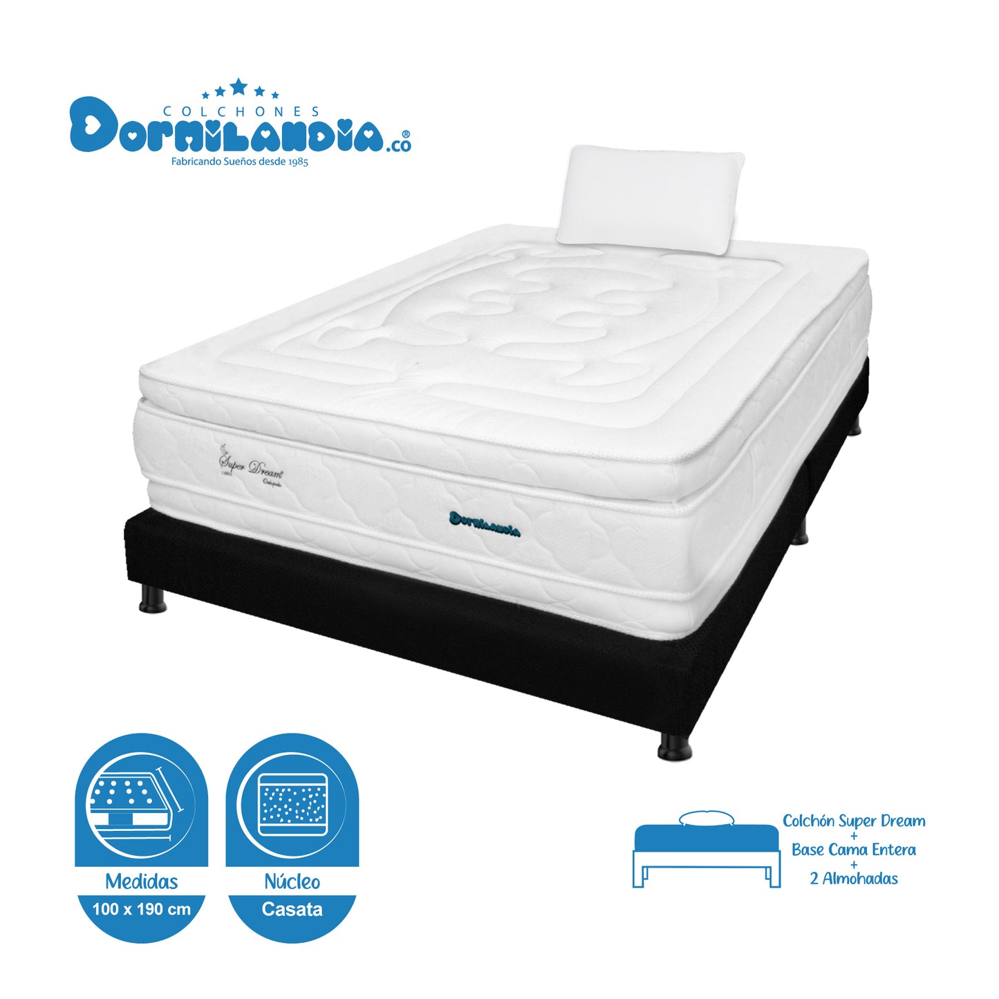Combo Colchón Super Dream Plus Espumado + Base Cama + Almohadas
