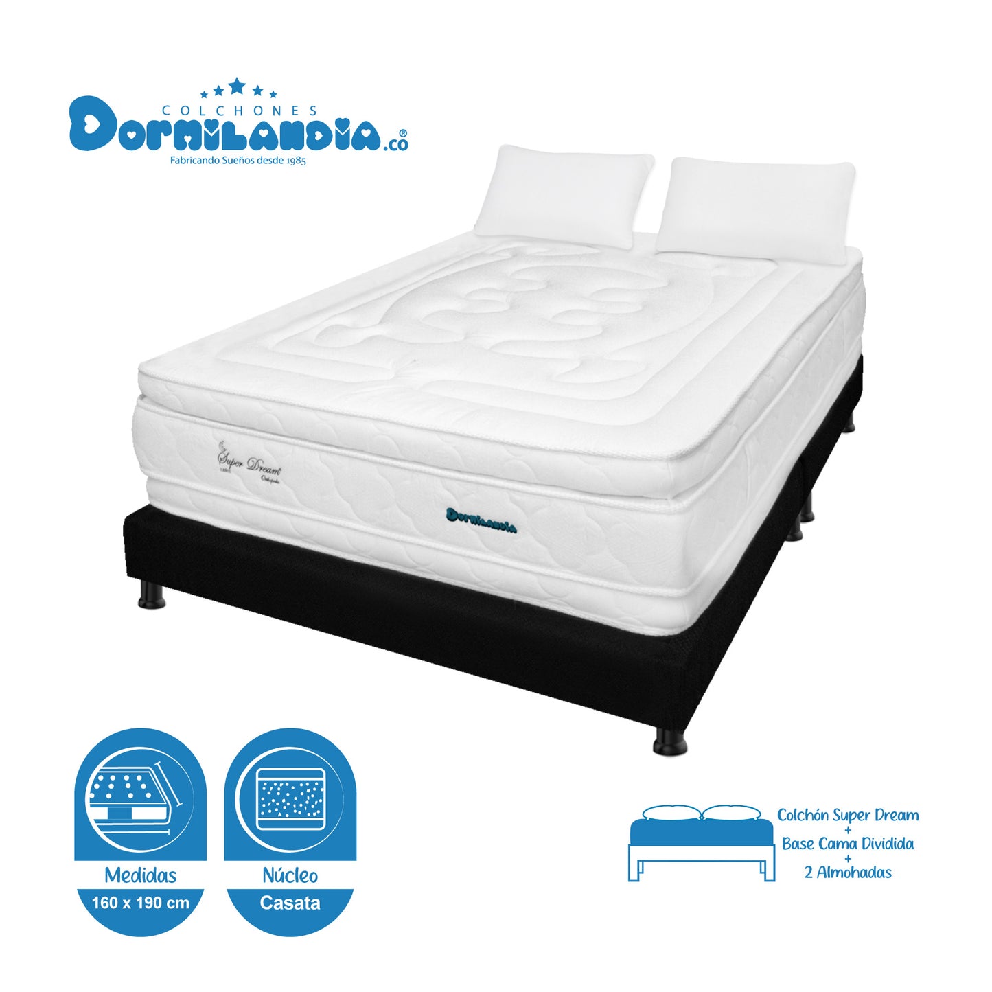 Combo Colchón Super Dream Plus Espumado + Base Cama + Almohadas