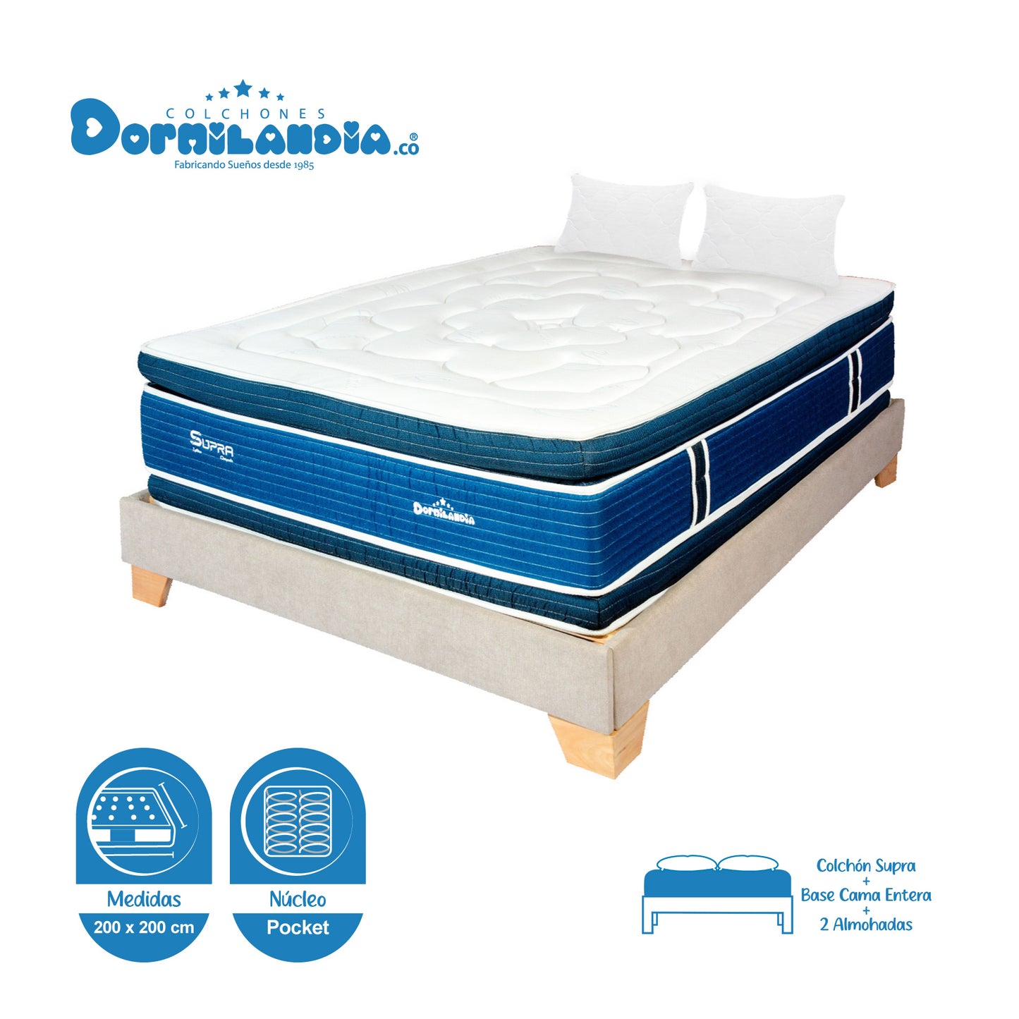 Combo Colchón Supra Pocket + Base Cama+ Almohadas