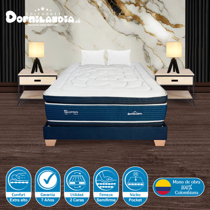 Combo Colchón Supra Pocket + Base Cama+ Almohadas