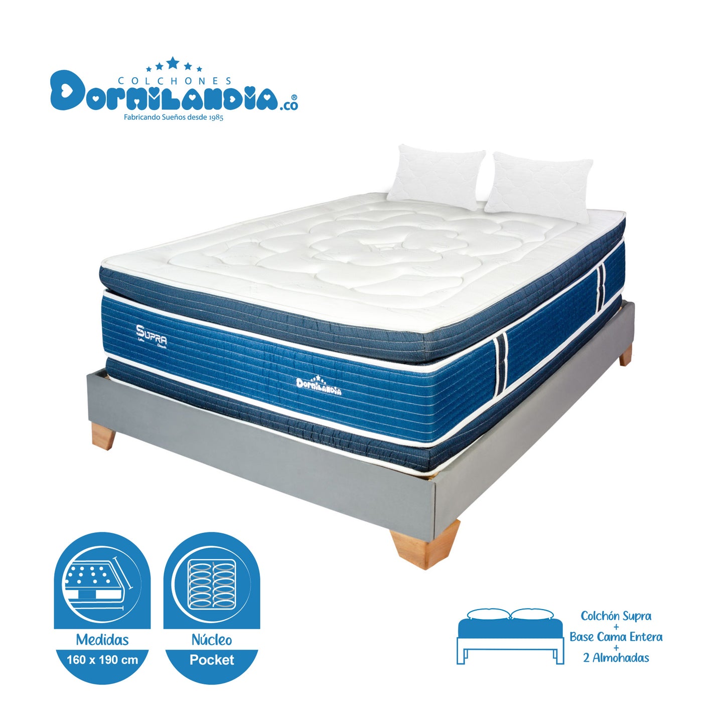 Combo Colchón Supra Pocket + Base Cama+ Almohadas