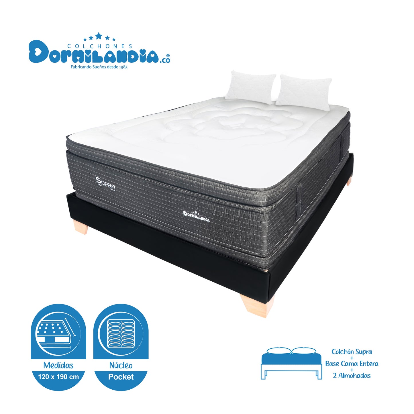 Combo Colchón Supra Pocket + Base Cama+ Almohadas