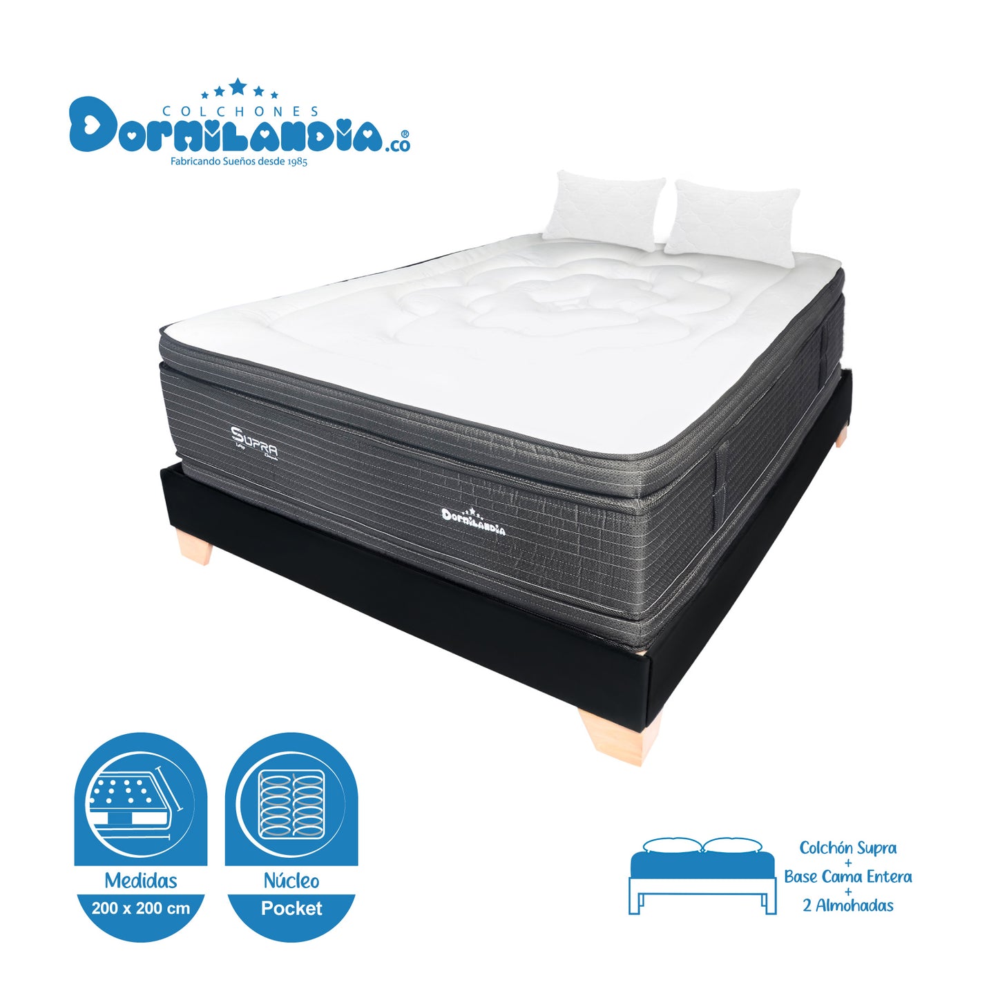 Combo Colchón Supra Pocket + Base Cama+ Almohadas