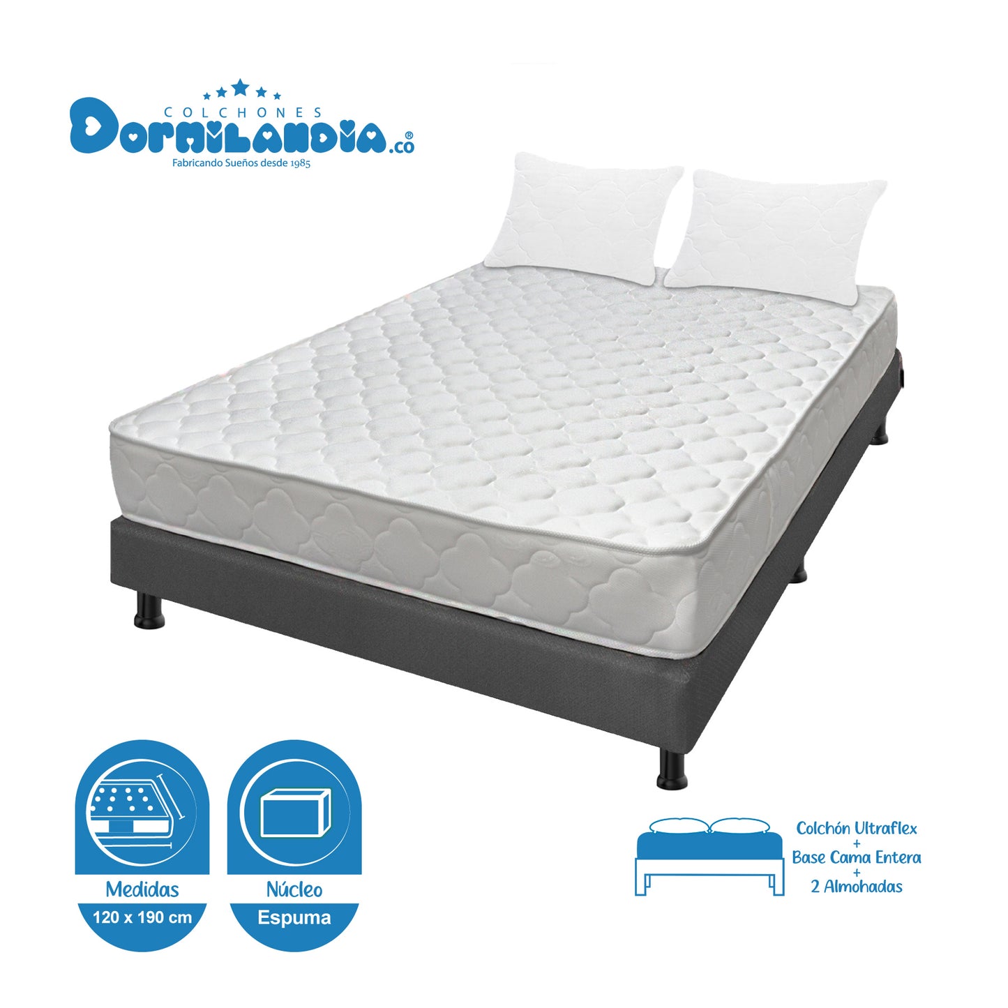 Combo Colchón Ultraflex Espumado + Base Cama + Almohadas