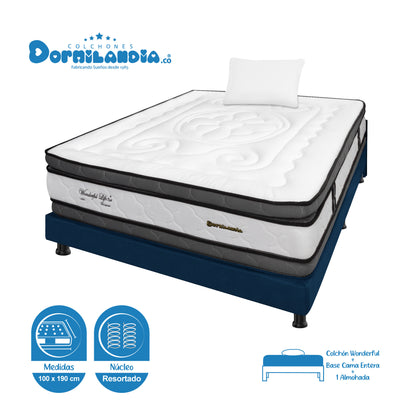 Combo Colchón Wonderful DP Resortado + Base Cama + Almohadas