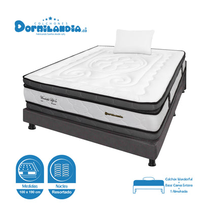 Combo Colchón Wonderful DP Resortado + Base Cama + Almohadas