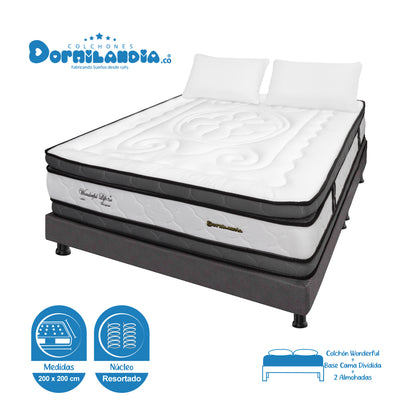 Combo Colchón Wonderful DP Resortado + Base Cama + Almohadas
