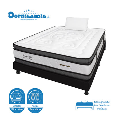 Combo Colchón Wonderful DP Resortado + Base Cama + Almohadas