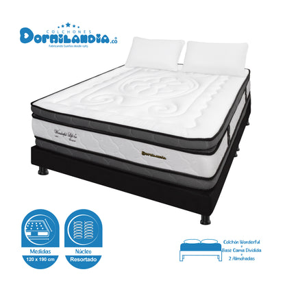Combo Colchón Wonderful DP Resortado + Base Cama + Almohadas