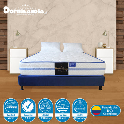 Combo Colchón Caribe Resortado Enrollado + Base Cama+ Almohadas
