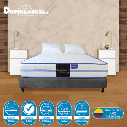 Combo Colchón Caribe Resortado Enrollado + Base Cama+ Almohadas