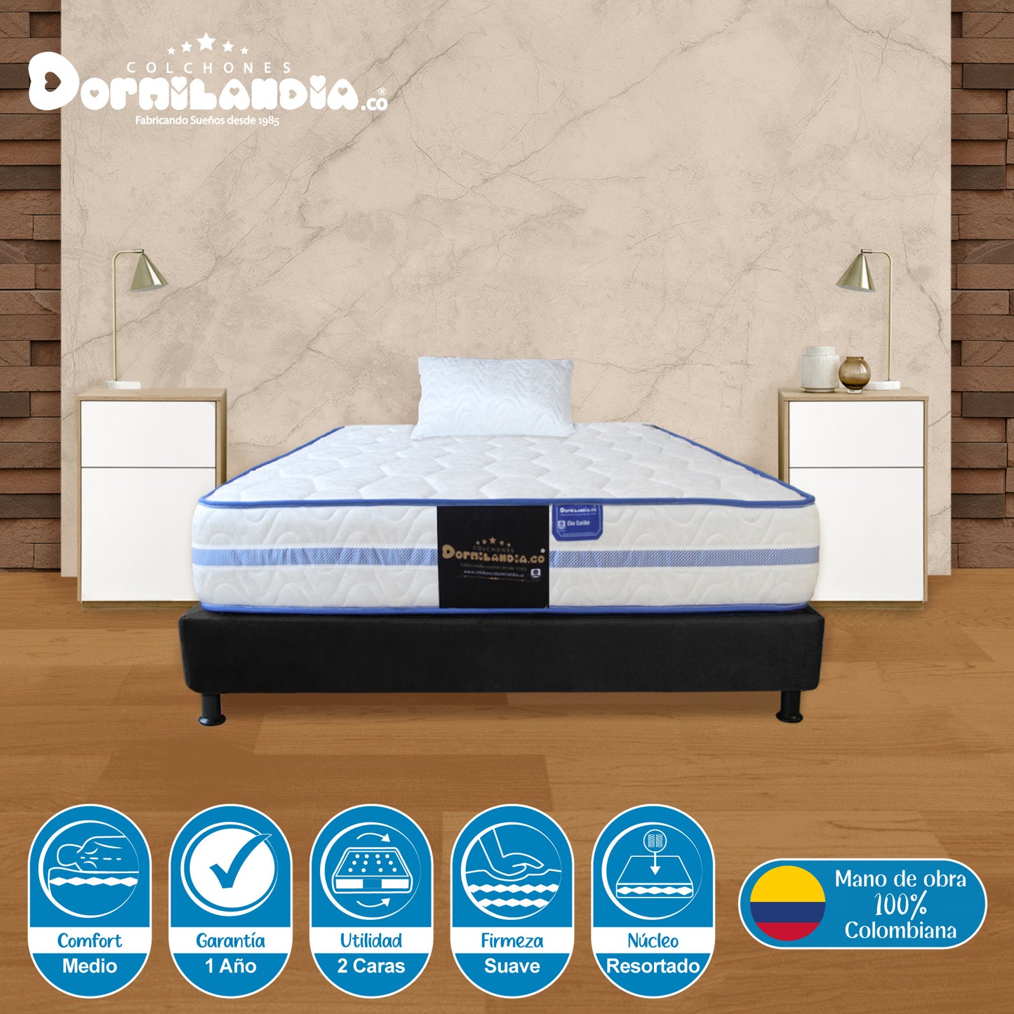 Combo Colchón Caribe Resortado Enrollado + Base Cama+ Almohadas