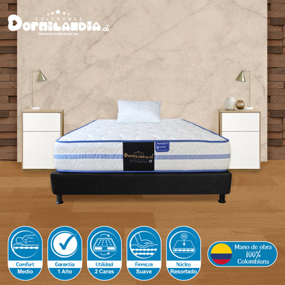 Combo Colchón Caribe Resortado Enrollado + Base Cama+ Almohadas