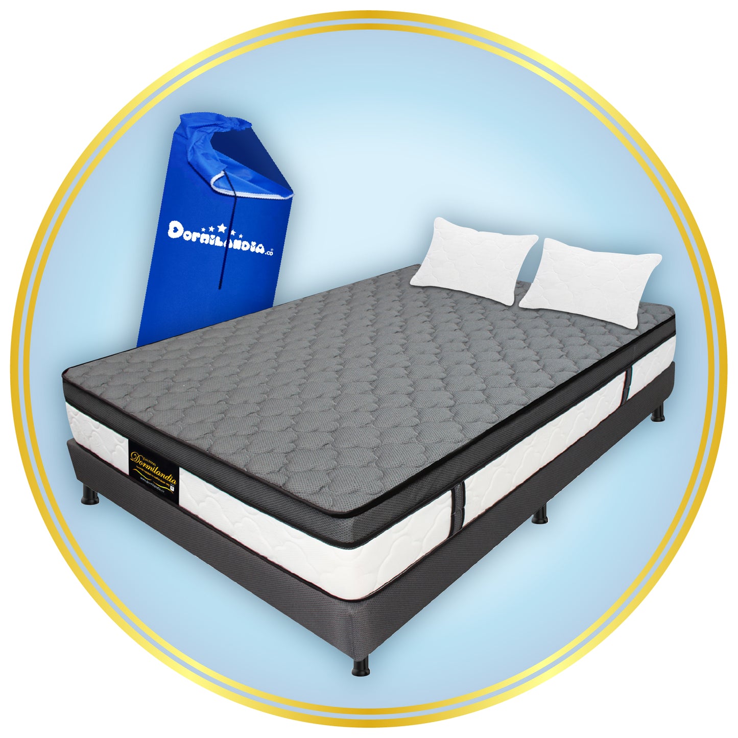Combo Colchón Dublín Resortado Enrollado En Tula Confortable +Base Cama + Almohadas