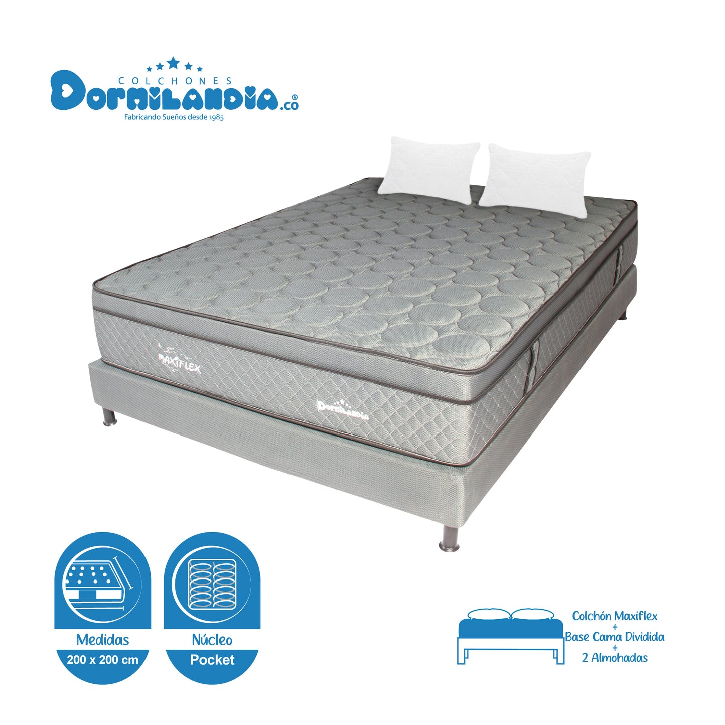 Combo Colchón King Maxiflex + Base Cama + Almohadas