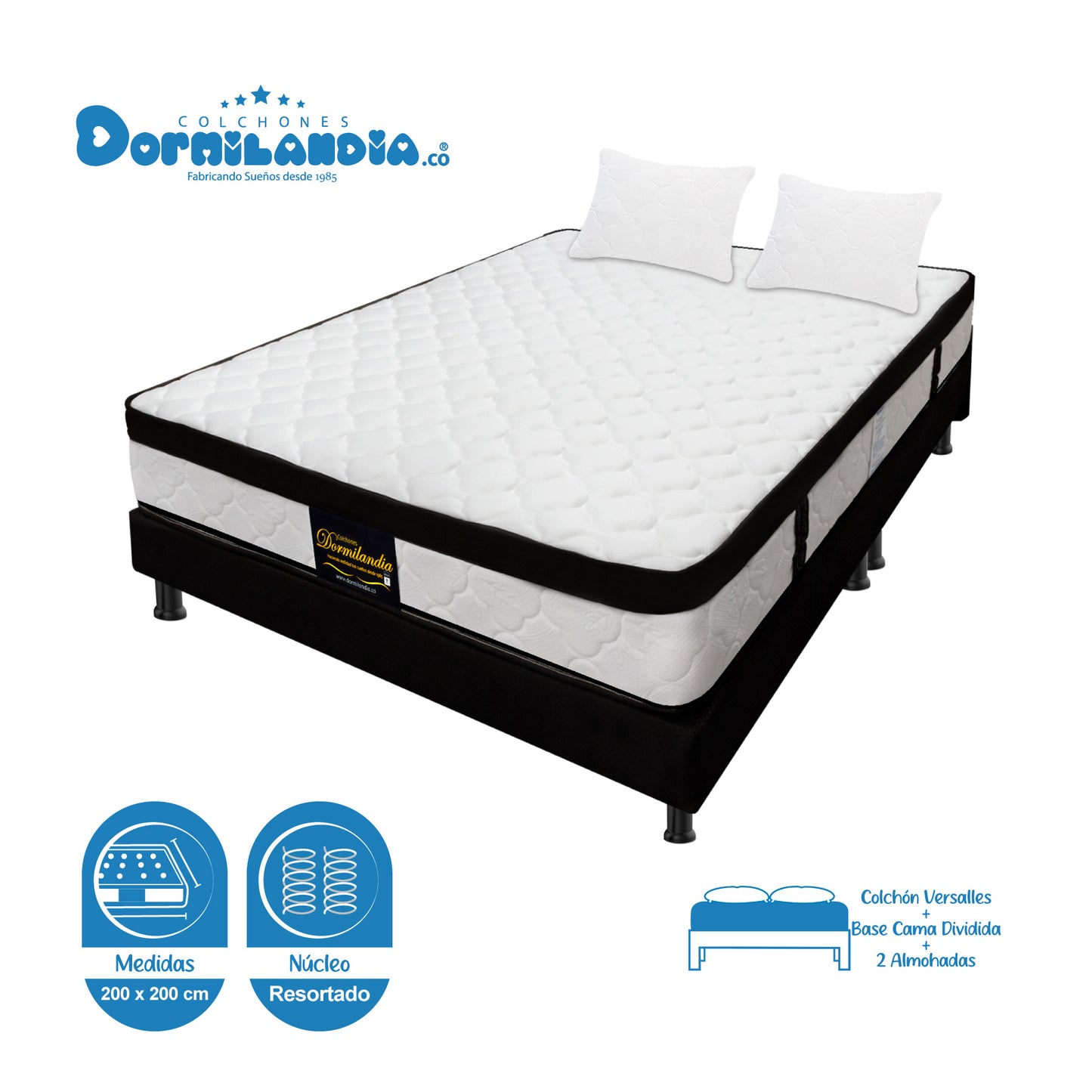 Combo Colchón King Versalles Resortado + Base Cama + Almohadas