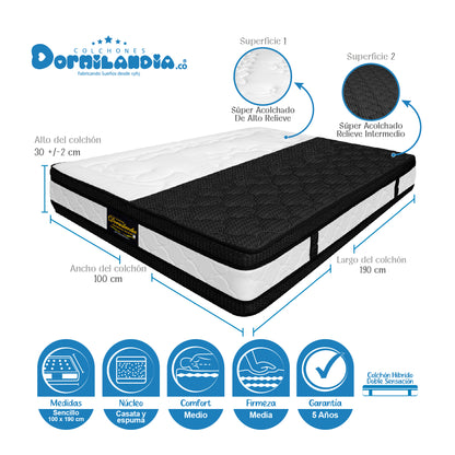 Combo Colchón Híbrido Espumado Doble Sensación + Base Cama + Almohadas