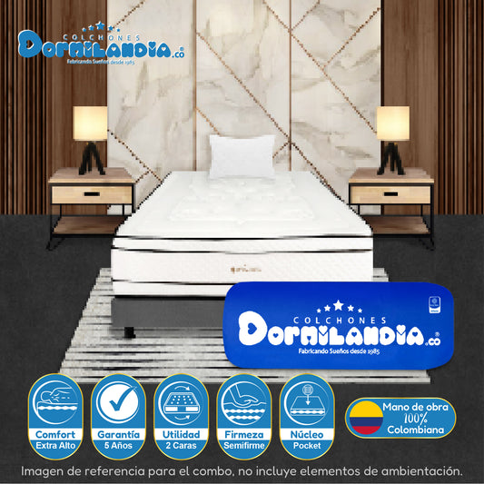 Combo Colchón Infinity Pocket Enrollado En Tula Confortable + Base Cama + Almohadas