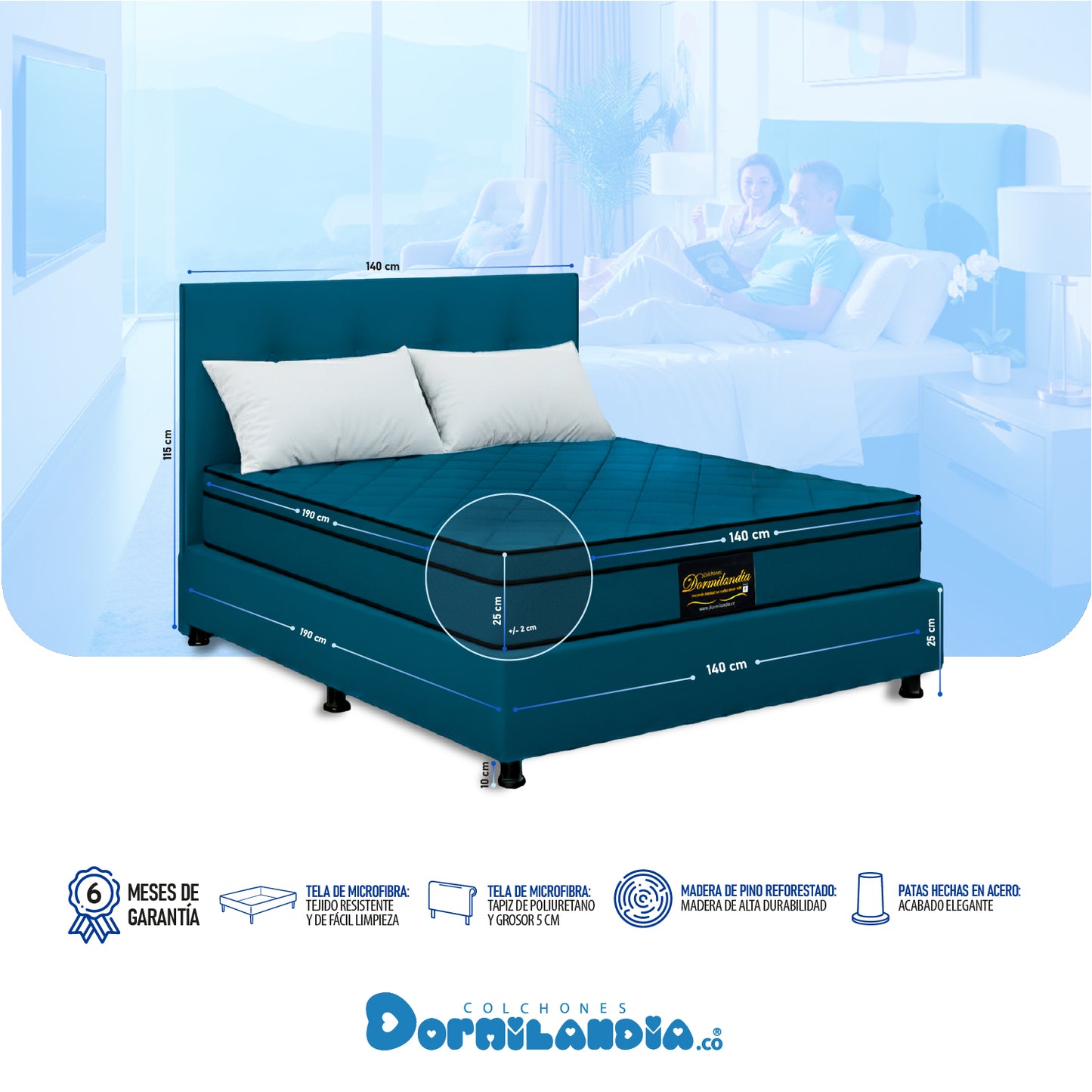 Mega combo Colchón Dublín Resortado Enrollado En Tula Confortable + Base Cama + Cabecero + Almohadas