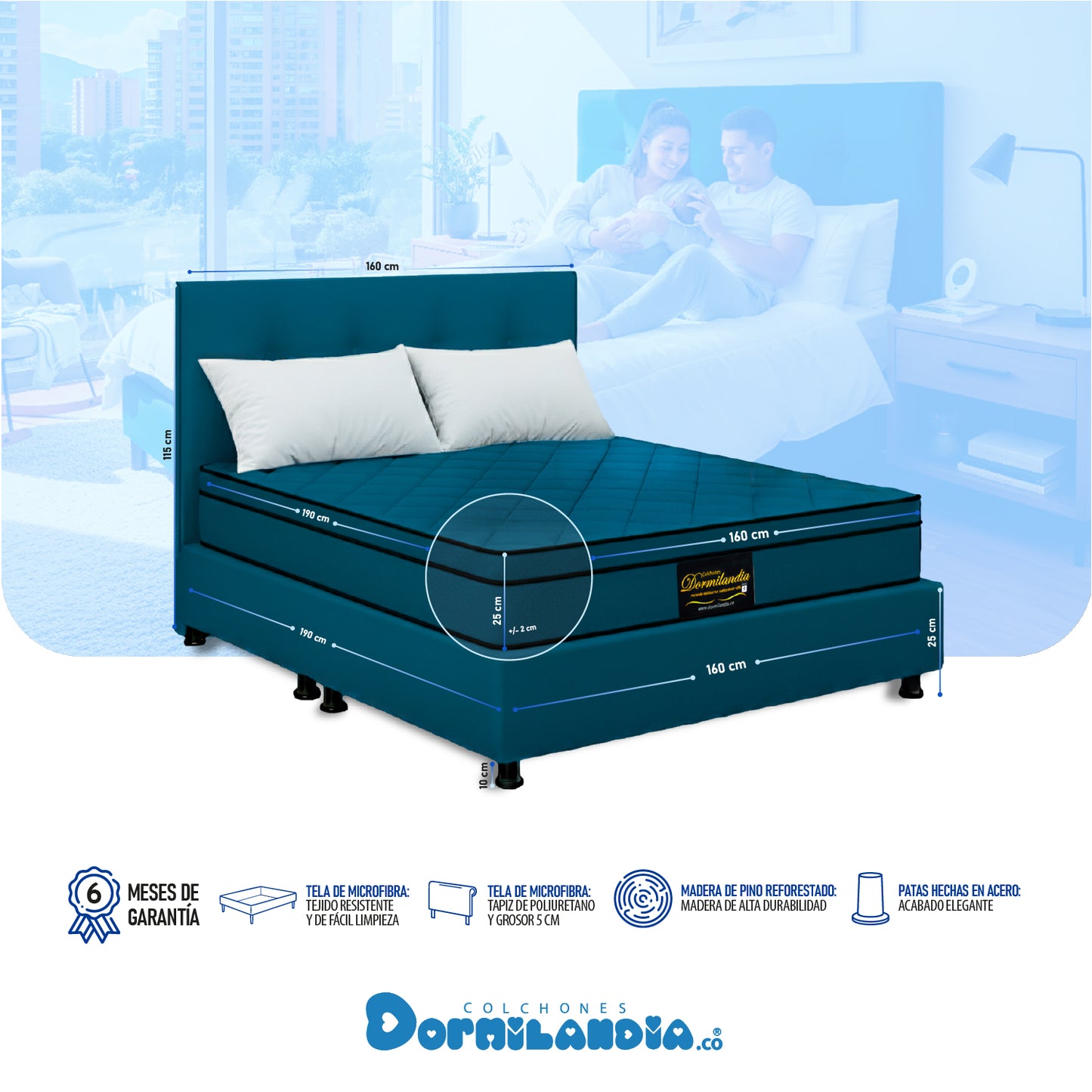 Mega combo Colchón Dublín Resortado Enrollado En Tula Confortable + Base Cama + Cabecero + Almohadas